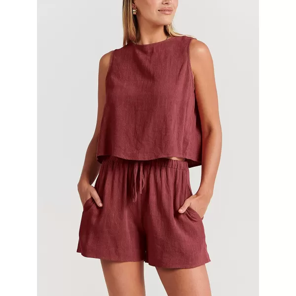 imageANRABESS Womens Summer 2 Piece Outfits Shorts Sets Sleeveless Crop Top Tank and High Waisted Shorts Romper PocketsMaroon