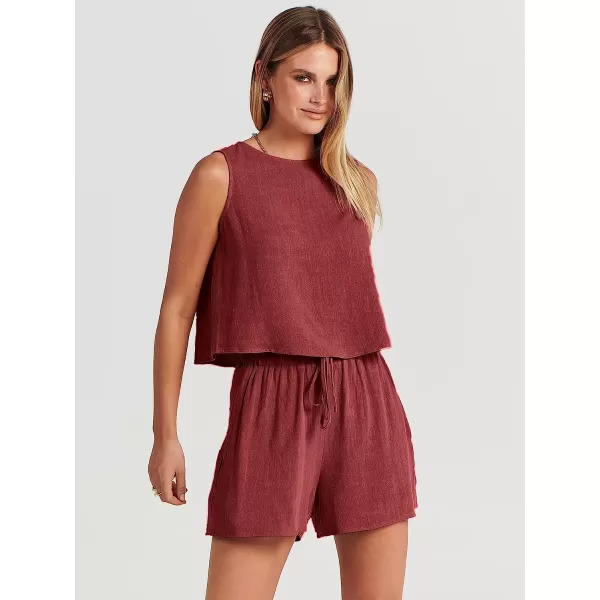 imageANRABESS Womens Summer 2 Piece Outfits Shorts Sets Sleeveless Crop Top Tank and High Waisted Shorts Romper PocketsMaroon