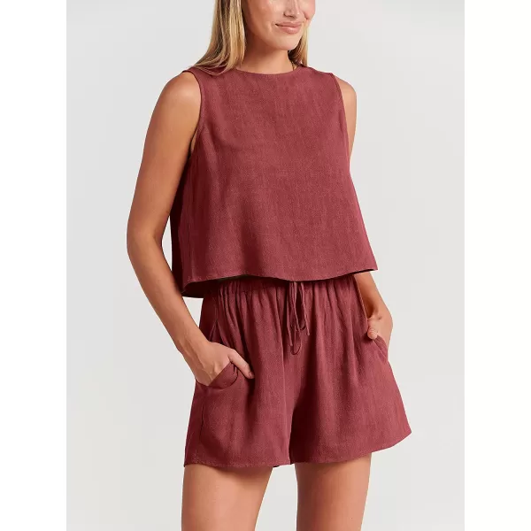 imageANRABESS Womens Summer 2 Piece Outfits Shorts Sets Sleeveless Crop Top Tank and High Waisted Shorts Romper PocketsMaroon