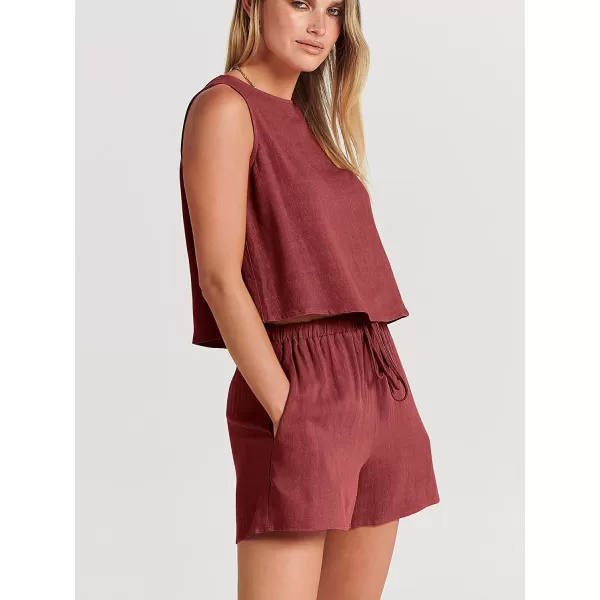 imageANRABESS Womens Summer 2 Piece Outfits Shorts Sets Sleeveless Crop Top Tank and High Waisted Shorts Romper PocketsMaroon