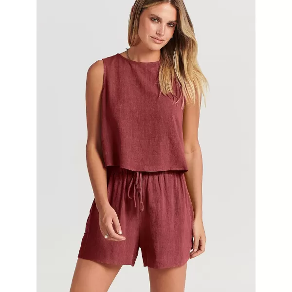 imageANRABESS Womens Summer 2 Piece Outfits Shorts Sets Sleeveless Crop Top Tank and High Waisted Shorts Romper PocketsMaroon
