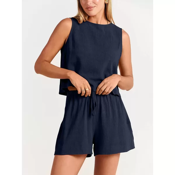 imageANRABESS Womens Summer 2 Piece Outfits Shorts Sets Sleeveless Crop Top Tank and High Waisted Shorts Romper PocketsNavy Blue