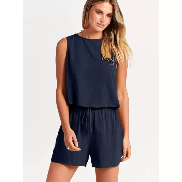 imageANRABESS Womens Summer 2 Piece Outfits Shorts Sets Sleeveless Crop Top Tank and High Waisted Shorts Romper PocketsNavy Blue