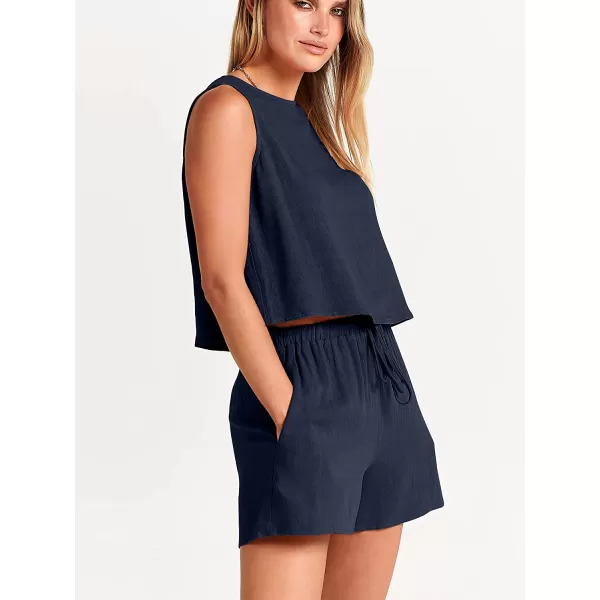 imageANRABESS Womens Summer 2 Piece Outfits Shorts Sets Sleeveless Crop Top Tank and High Waisted Shorts Romper PocketsNavy Blue
