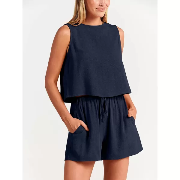 imageANRABESS Womens Summer 2 Piece Outfits Shorts Sets Sleeveless Crop Top Tank and High Waisted Shorts Romper PocketsNavy Blue