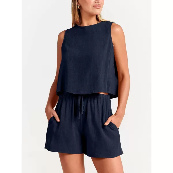 imageANRABESS Womens Summer 2 Piece Outfits Shorts Sets Sleeveless Crop Top Tank and High Waisted Shorts Romper PocketsNavy Blue
