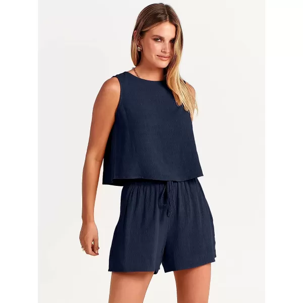 imageANRABESS Womens Summer 2 Piece Outfits Shorts Sets Sleeveless Crop Top Tank and High Waisted Shorts Romper PocketsNavy Blue