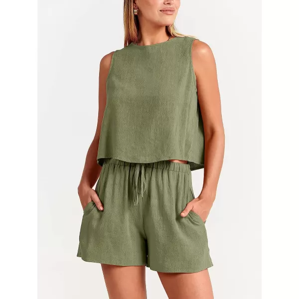 imageANRABESS Womens Summer 2 Piece Outfits Shorts Sets Sleeveless Crop Top Tank and High Waisted Shorts Romper PocketsOlive