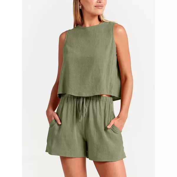 imageANRABESS Womens Summer 2 Piece Outfits Shorts Sets Sleeveless Crop Top Tank and High Waisted Shorts Romper PocketsOlive