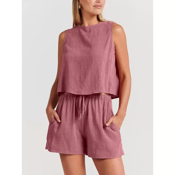 imageANRABESS Womens Summer 2 Piece Outfits Shorts Sets Sleeveless Crop Top Tank and High Waisted Shorts Romper PocketsPink