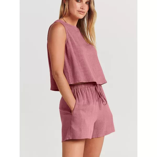 imageANRABESS Womens Summer 2 Piece Outfits Shorts Sets Sleeveless Crop Top Tank and High Waisted Shorts Romper PocketsPink