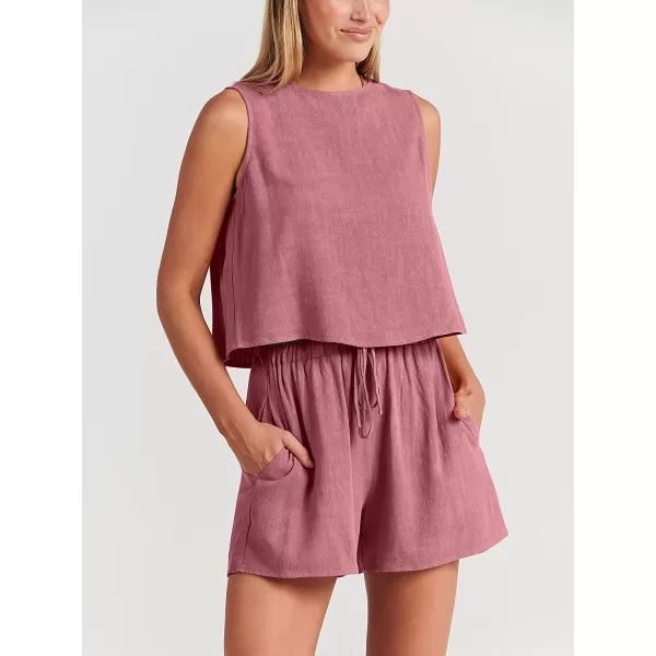 imageANRABESS Womens Summer 2 Piece Outfits Shorts Sets Sleeveless Crop Top Tank and High Waisted Shorts Romper PocketsPink