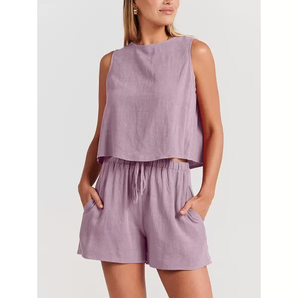 imageANRABESS Womens Summer 2 Piece Outfits Shorts Sets Sleeveless Crop Top Tank and High Waisted Shorts Romper PocketsPurple