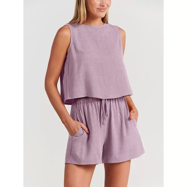 imageANRABESS Womens Summer 2 Piece Outfits Shorts Sets Sleeveless Crop Top Tank and High Waisted Shorts Romper PocketsPurple