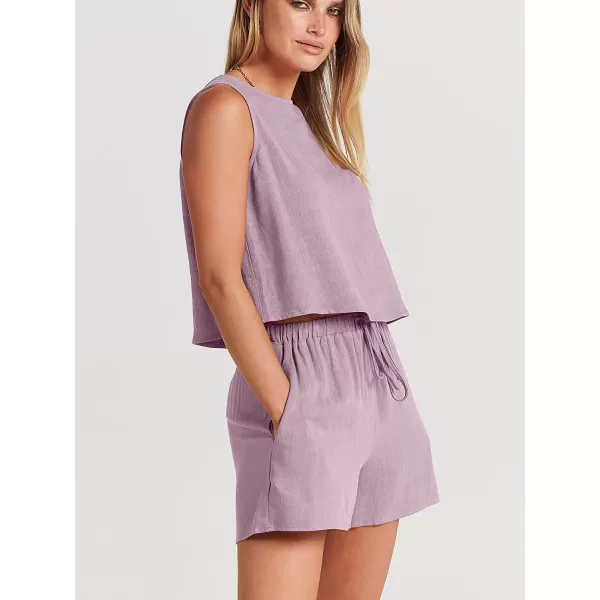 imageANRABESS Womens Summer 2 Piece Outfits Shorts Sets Sleeveless Crop Top Tank and High Waisted Shorts Romper PocketsPurple