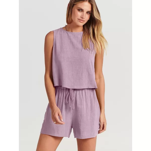 imageANRABESS Womens Summer 2 Piece Outfits Shorts Sets Sleeveless Crop Top Tank and High Waisted Shorts Romper PocketsPurple
