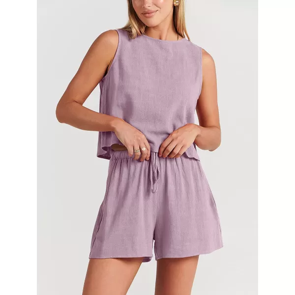 imageANRABESS Womens Summer 2 Piece Outfits Shorts Sets Sleeveless Crop Top Tank and High Waisted Shorts Romper PocketsPurple
