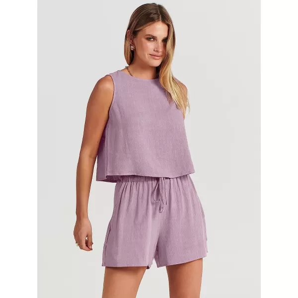 imageANRABESS Womens Summer 2 Piece Outfits Shorts Sets Sleeveless Crop Top Tank and High Waisted Shorts Romper PocketsPurple