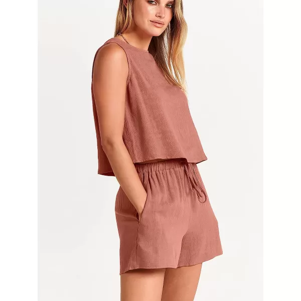 imageANRABESS Womens Summer 2 Piece Outfits Shorts Sets Sleeveless Crop Top Tank and High Waisted Shorts Romper PocketsRust