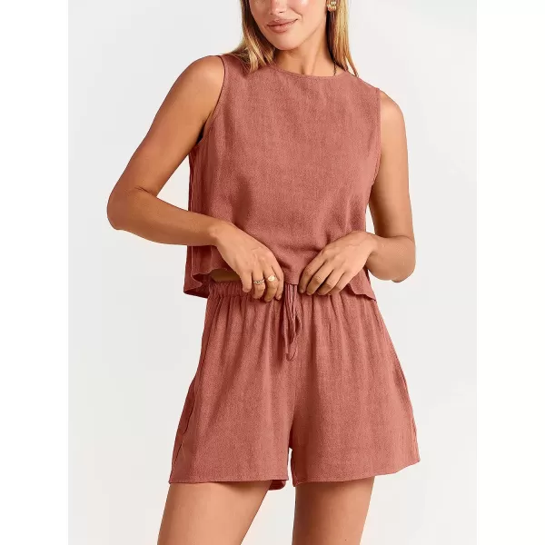 imageANRABESS Womens Summer 2 Piece Outfits Shorts Sets Sleeveless Crop Top Tank and High Waisted Shorts Romper PocketsRust