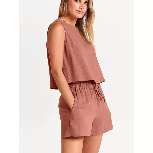 imageANRABESS Womens Summer 2 Piece Outfits Shorts Sets Sleeveless Crop Top Tank and High Waisted Shorts Romper PocketsRust