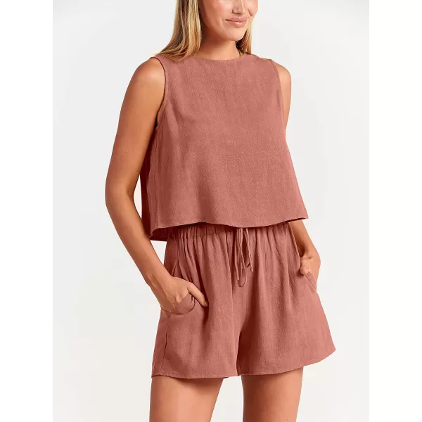 imageANRABESS Womens Summer 2 Piece Outfits Shorts Sets Sleeveless Crop Top Tank and High Waisted Shorts Romper PocketsRust