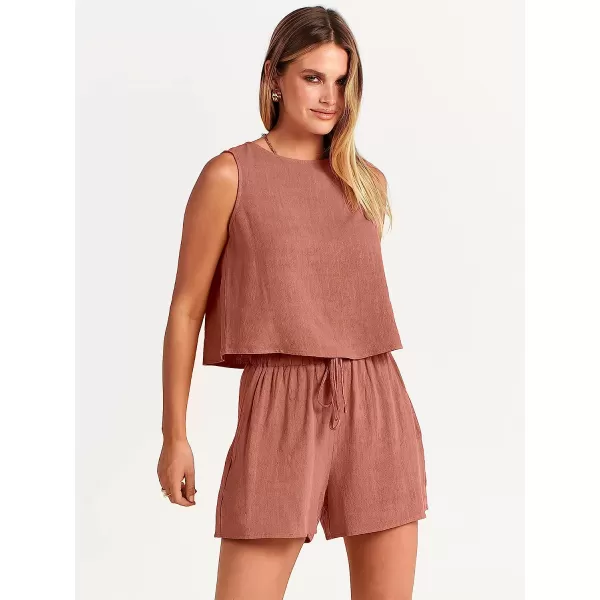 imageANRABESS Womens Summer 2 Piece Outfits Shorts Sets Sleeveless Crop Top Tank and High Waisted Shorts Romper PocketsRust