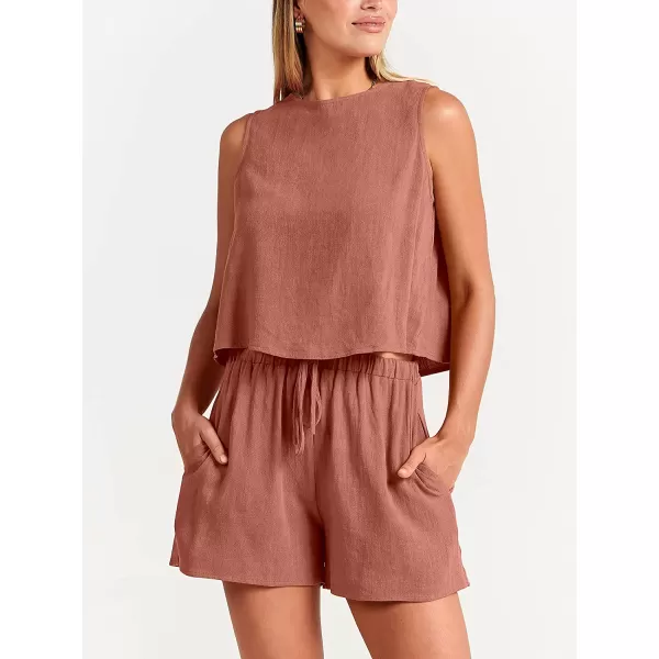 imageANRABESS Womens Summer 2 Piece Outfits Shorts Sets Sleeveless Crop Top Tank and High Waisted Shorts Romper PocketsRust
