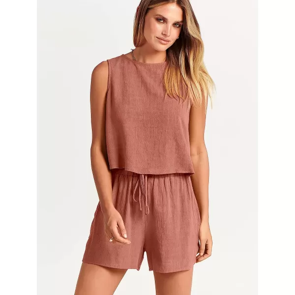 imageANRABESS Womens Summer 2 Piece Outfits Shorts Sets Sleeveless Crop Top Tank and High Waisted Shorts Romper PocketsRust
