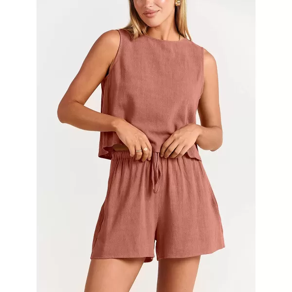 imageANRABESS Womens Summer 2 Piece Outfits Shorts Sets Sleeveless Crop Top Tank and High Waisted Shorts Romper PocketsRust