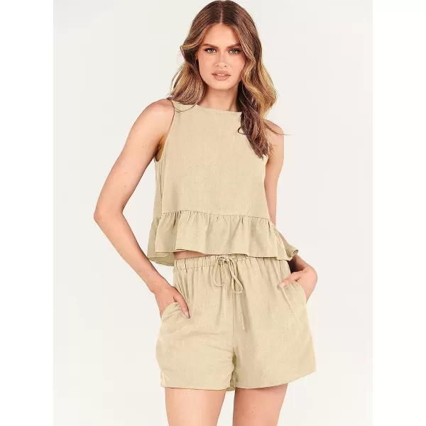 imageANRABESS Womens Summer 2 Piece Outfits Shorts Sets Sleeveless Ruffle Crop Top Tank and Drawstring Shorts RomperApricot