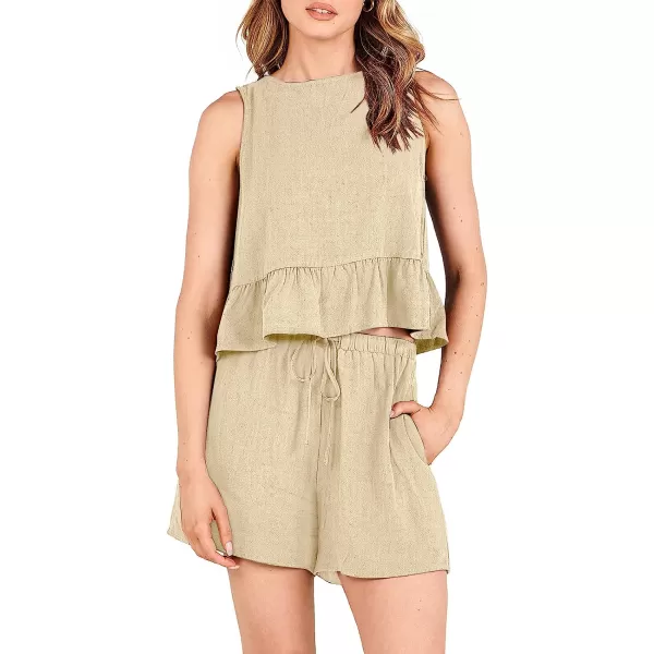 imageANRABESS Womens Summer 2 Piece Outfits Shorts Sets Sleeveless Ruffle Crop Top Tank and Drawstring Shorts RomperApricot
