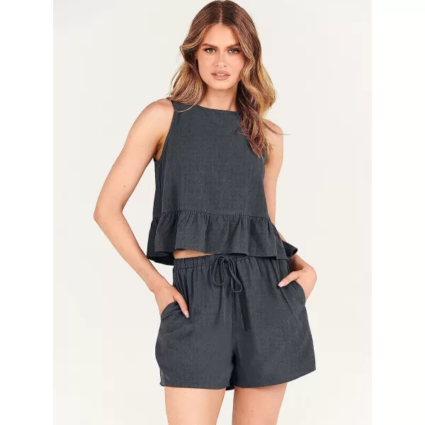 imageANRABESS Womens Summer 2 Piece Outfits Shorts Sets Sleeveless Ruffle Crop Top Tank and Drawstring Shorts RomperDeep Grey