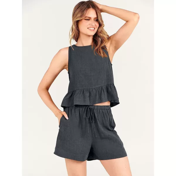 imageANRABESS Womens Summer 2 Piece Outfits Shorts Sets Sleeveless Ruffle Crop Top Tank and Drawstring Shorts RomperDeep Grey