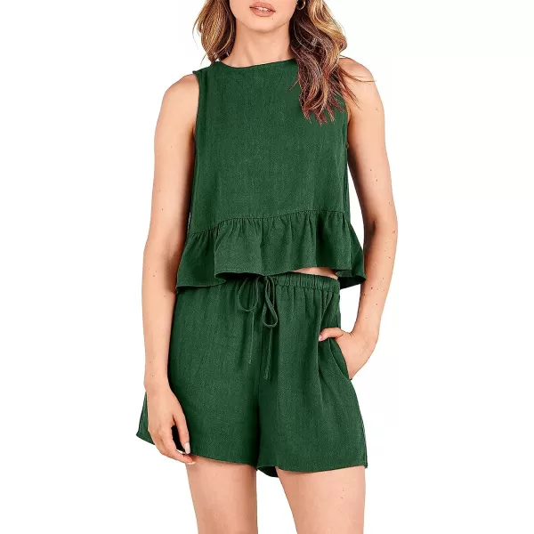 imageANRABESS Womens Summer 2 Piece Outfits Shorts Sets Sleeveless Ruffle Crop Top Tank and Drawstring Shorts RomperGrass