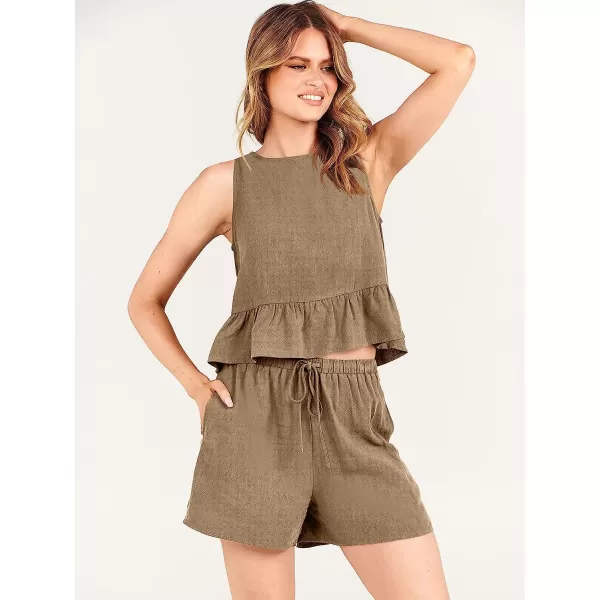 imageANRABESS Womens Summer 2 Piece Outfits Shorts Sets Sleeveless Ruffle Crop Top Tank and Drawstring Shorts RomperKhaki