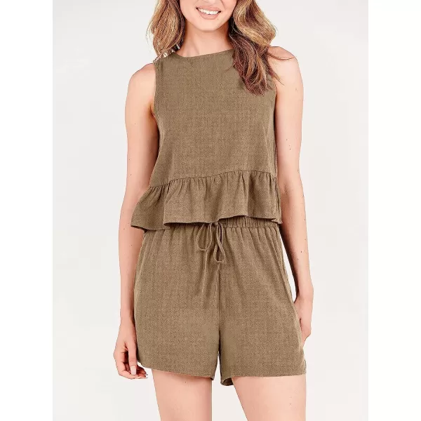 imageANRABESS Womens Summer 2 Piece Outfits Shorts Sets Sleeveless Ruffle Crop Top Tank and Drawstring Shorts RomperKhaki