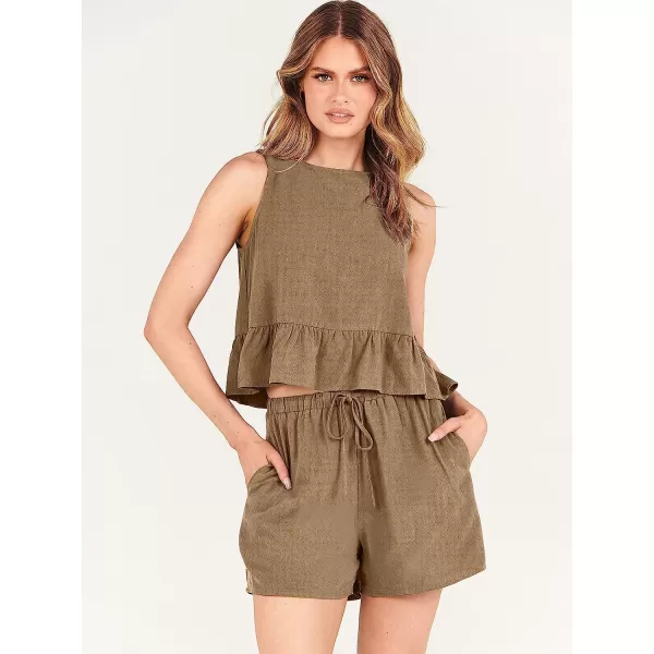 imageANRABESS Womens Summer 2 Piece Outfits Shorts Sets Sleeveless Ruffle Crop Top Tank and Drawstring Shorts RomperKhaki