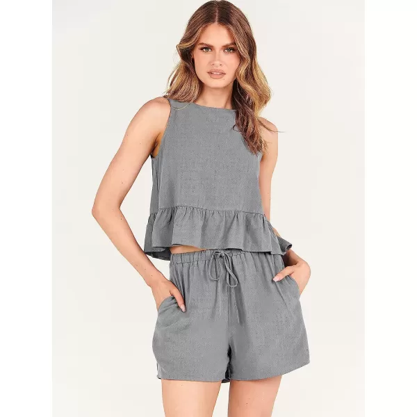 imageANRABESS Womens Summer 2 Piece Outfits Shorts Sets Sleeveless Ruffle Crop Top Tank and Drawstring Shorts RomperLight Gray