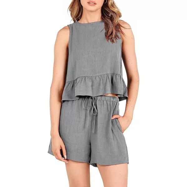 imageANRABESS Womens Summer 2 Piece Outfits Shorts Sets Sleeveless Ruffle Crop Top Tank and Drawstring Shorts RomperLight Gray