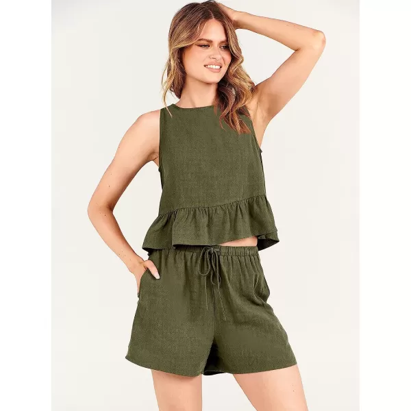 imageANRABESS Womens Summer 2 Piece Outfits Shorts Sets Sleeveless Ruffle Crop Top Tank and Drawstring Shorts RomperOlive