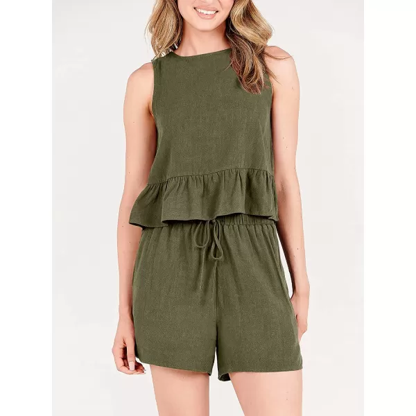 imageANRABESS Womens Summer 2 Piece Outfits Shorts Sets Sleeveless Ruffle Crop Top Tank and Drawstring Shorts RomperOlive