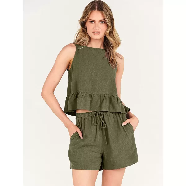 imageANRABESS Womens Summer 2 Piece Outfits Shorts Sets Sleeveless Ruffle Crop Top Tank and Drawstring Shorts RomperOlive