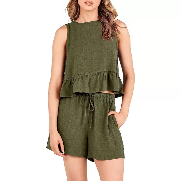 imageANRABESS Womens Summer 2 Piece Outfits Shorts Sets Sleeveless Ruffle Crop Top Tank and Drawstring Shorts RomperOlive