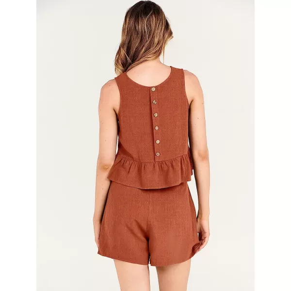imageANRABESS Womens Summer 2 Piece Outfits Shorts Sets Sleeveless Ruffle Crop Top Tank and Drawstring Shorts RomperRust