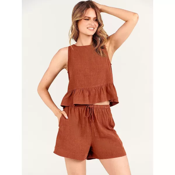 imageANRABESS Womens Summer 2 Piece Outfits Shorts Sets Sleeveless Ruffle Crop Top Tank and Drawstring Shorts RomperRust