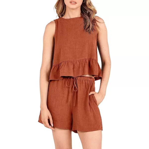 imageANRABESS Womens Summer 2 Piece Outfits Shorts Sets Sleeveless Ruffle Crop Top Tank and Drawstring Shorts RomperRust