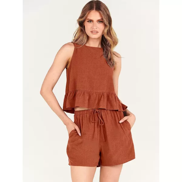 imageANRABESS Womens Summer 2 Piece Outfits Shorts Sets Sleeveless Ruffle Crop Top Tank and Drawstring Shorts RomperRust