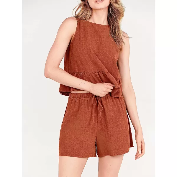imageANRABESS Womens Summer 2 Piece Outfits Shorts Sets Sleeveless Ruffle Crop Top Tank and Drawstring Shorts RomperRust
