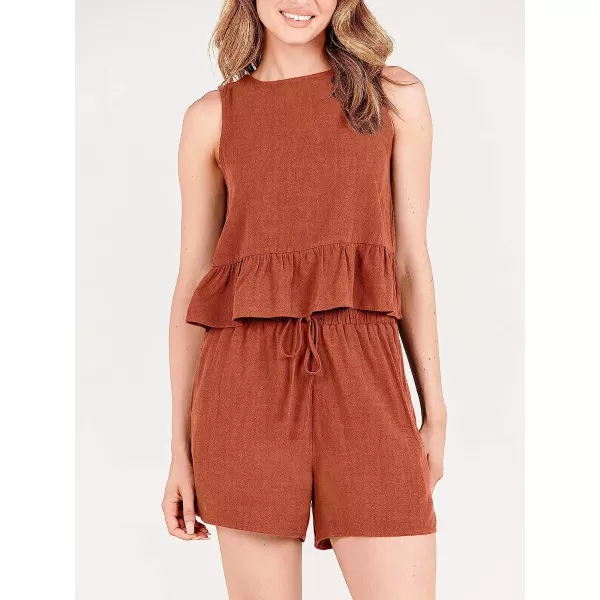 imageANRABESS Womens Summer 2 Piece Outfits Shorts Sets Sleeveless Ruffle Crop Top Tank and Drawstring Shorts RomperRust
